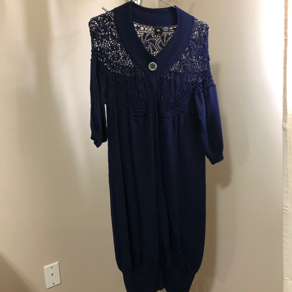 Long Navy Blue Sweater Dress-  lacy/crochet detail (large)